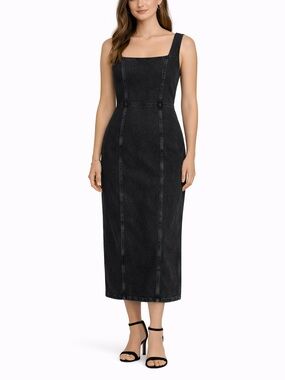 Abercrombie Black Denim Midi Dress Size Large Sleeveless Zip Front Structured